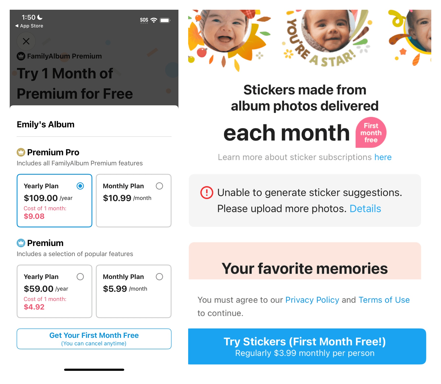 FamilyAlbum's subscription tiers, and the sticker subscription billed separately