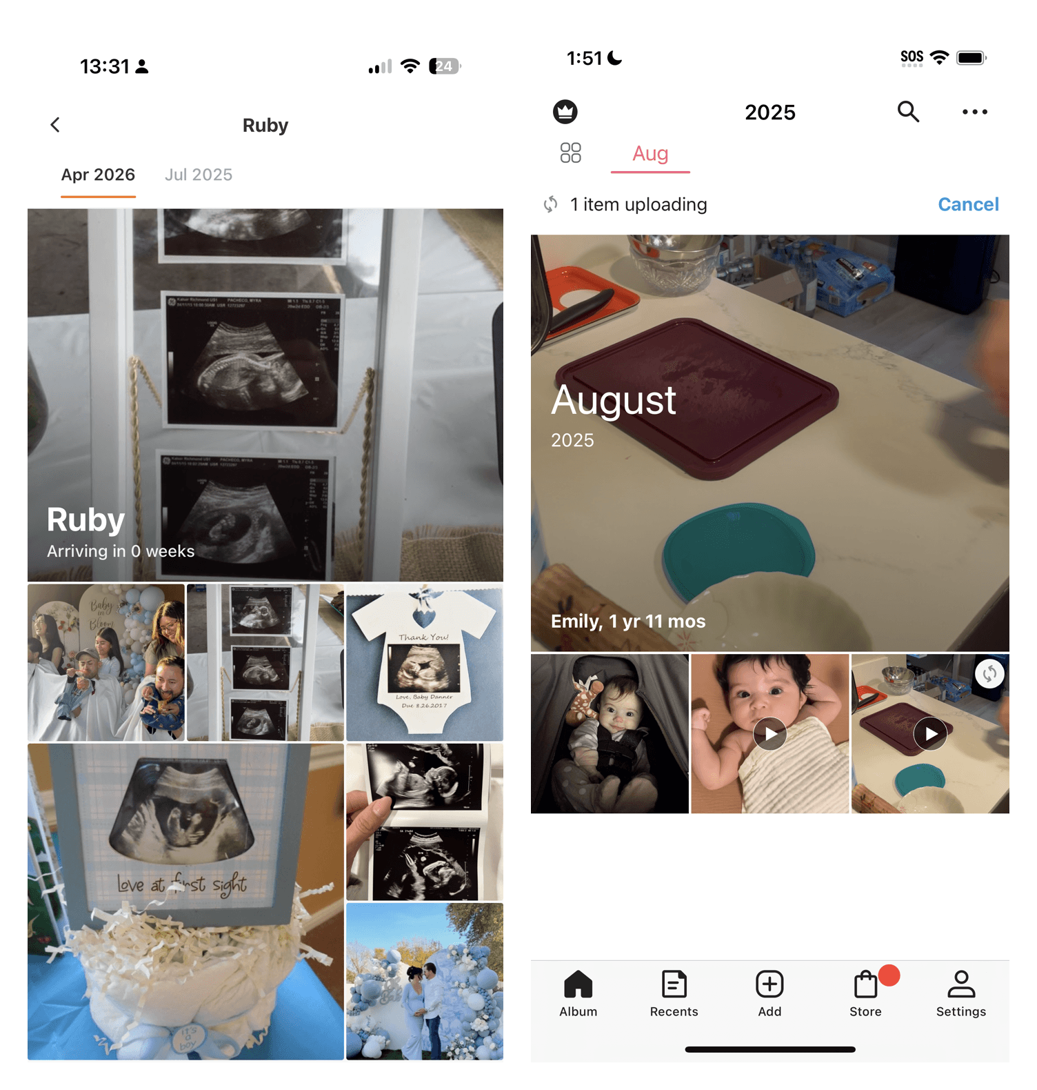 The same monthly view in TinyNest and in FamilyAlbum