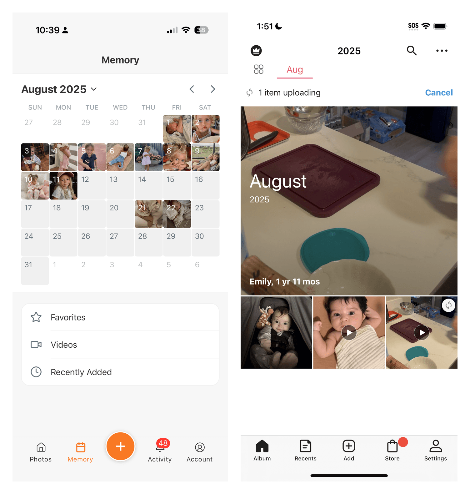 The calendar view in TinyNest, next to FamilyAlbum's month view