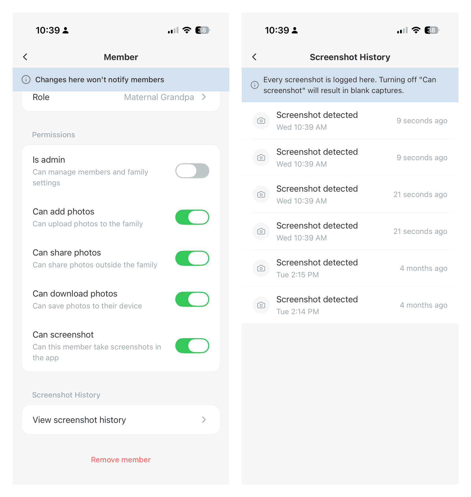 Per member permissions and screenshot history in TinyNest
