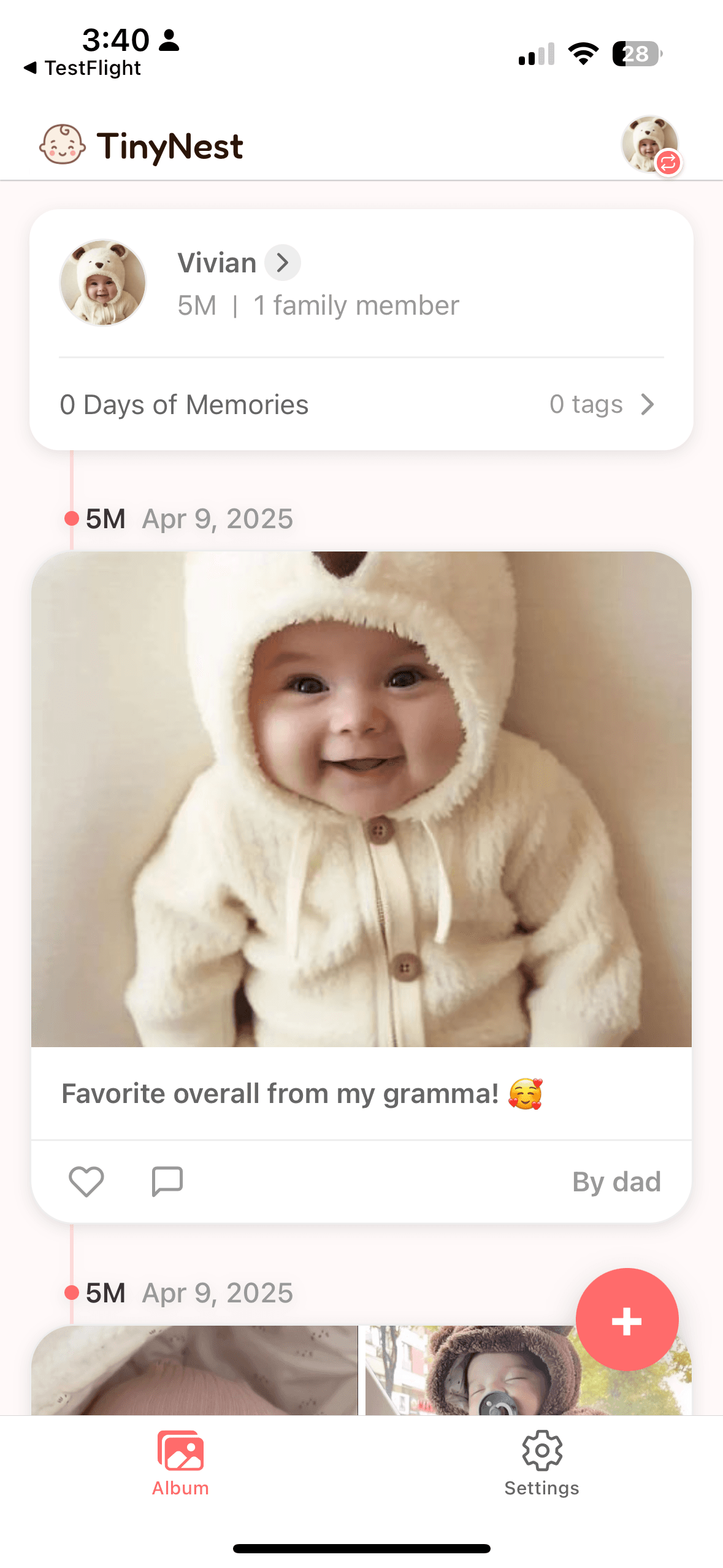 TinyNest app interface showing baby photos and timeline