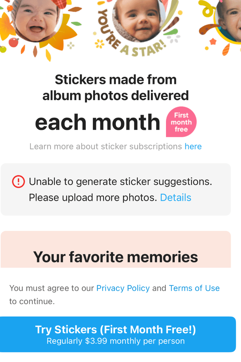 FamilyAlbum's sticker subscription, billed monthly for each person
