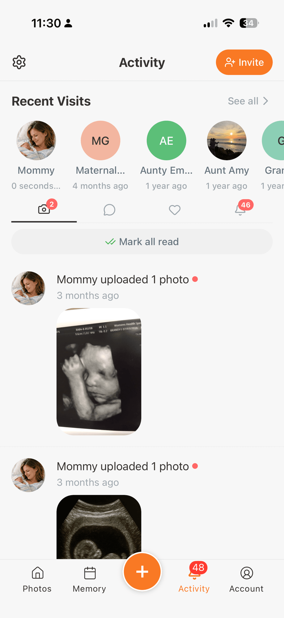 Recent family visits and the invite button in TinyNest
