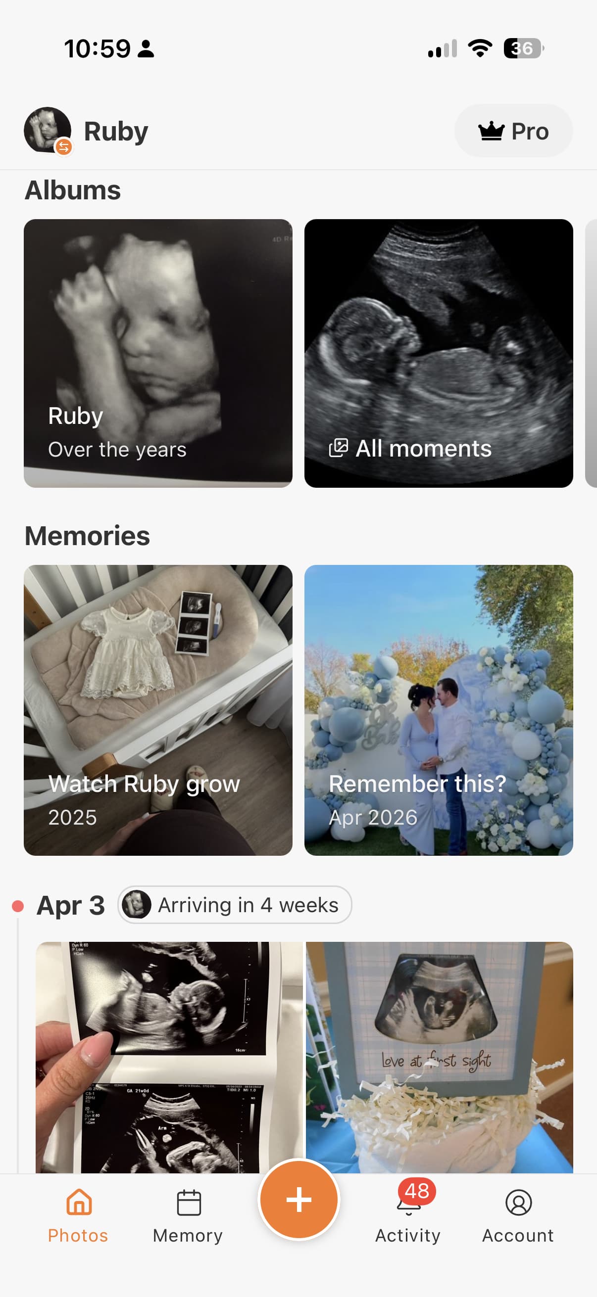 The TinyNest photos tab, with albums, memories, and the baby's timeline