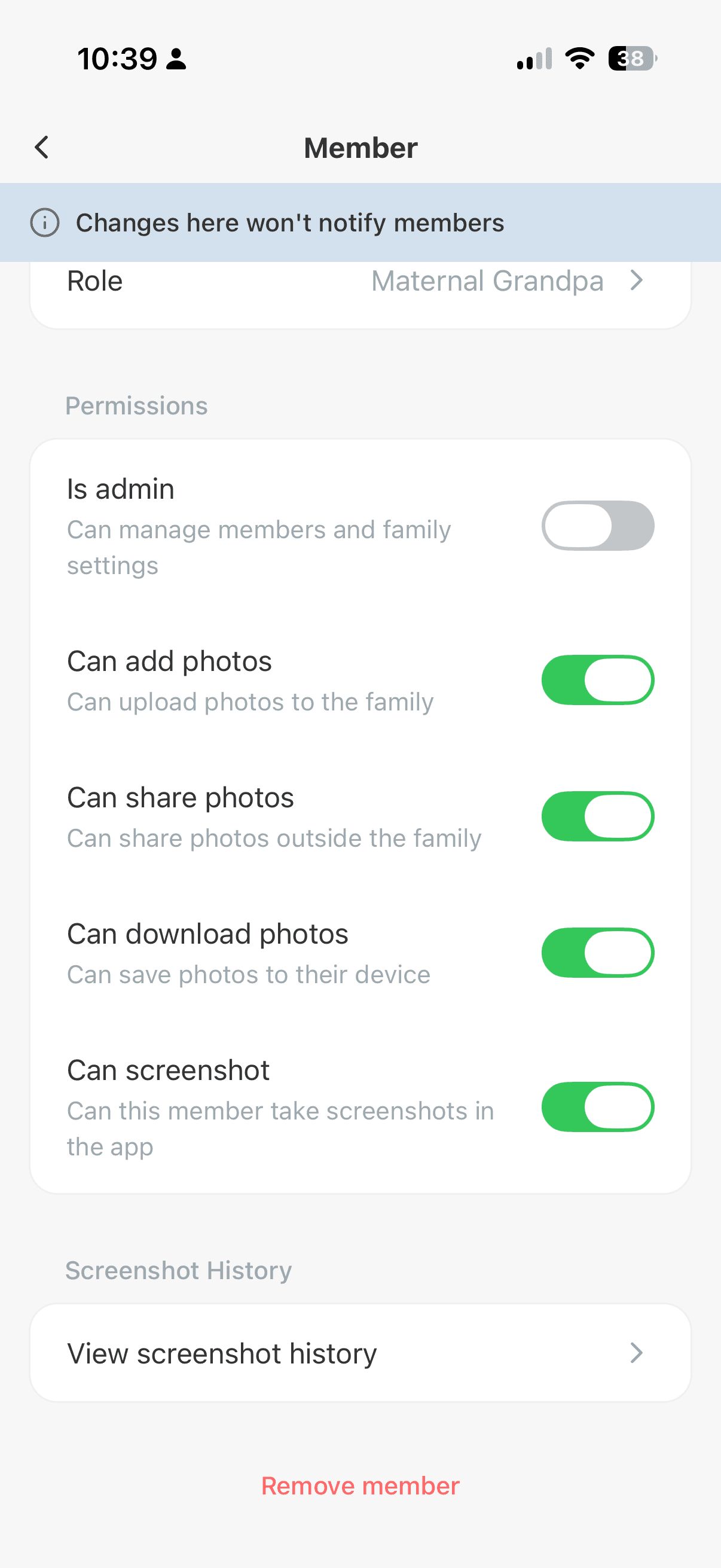 Member permissions in TinyNest, including the Can screenshot toggle