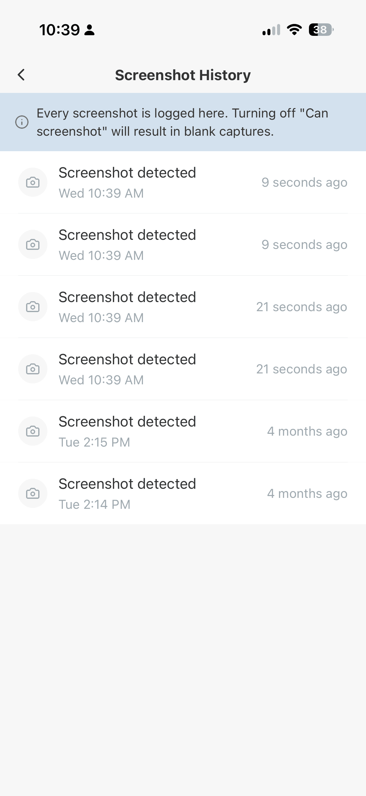 Screenshot history in TinyNest, listing every detected screenshot with a timestamp