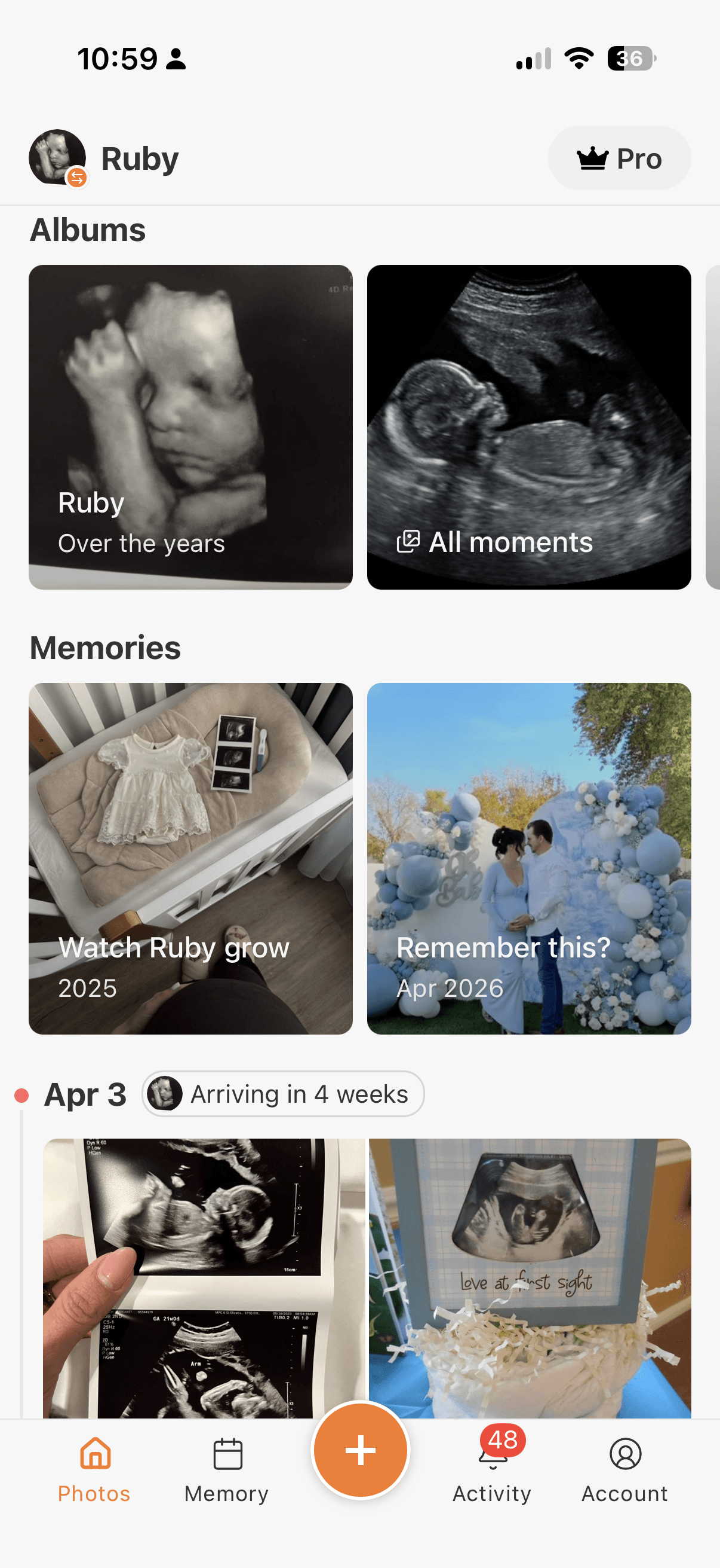The TinyNest photos tab, showing albums, memories, and the baby's timeline